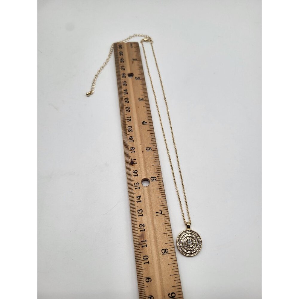Gold Tone Medallion Pendant Necklace Spiral Circle with Rhinestones Minimalist C - Picture 5 of 10